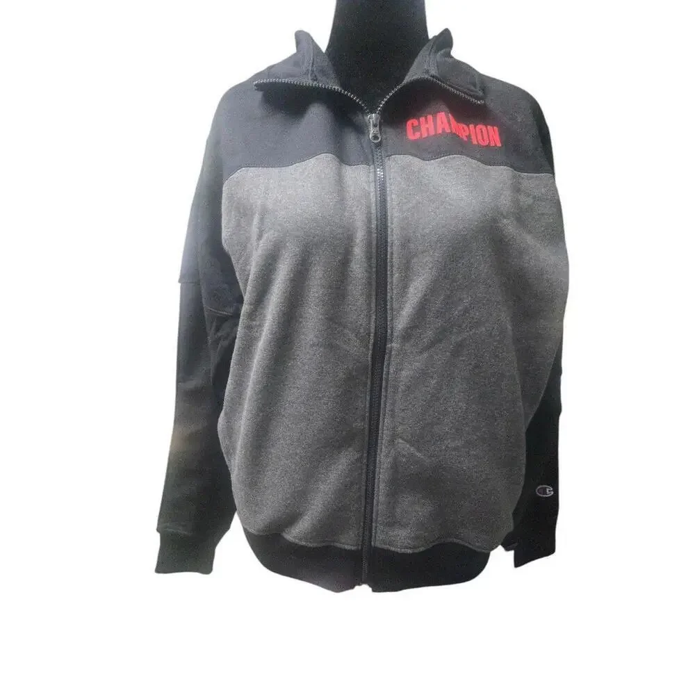Champion Grey and Black Zip Up Sweater With Red Logo, Size Large NWT - Picture 1 of 5